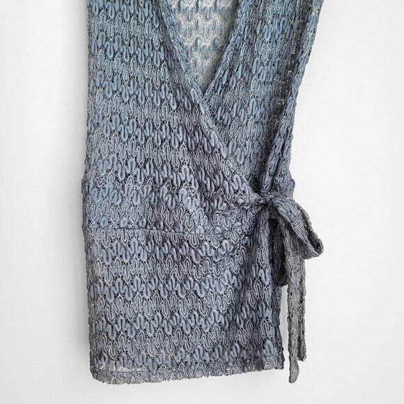 Promod Gray Metallic Knit Crochet Lace Wrap Cap Sleeve Cardigan - Picture 4 of 8